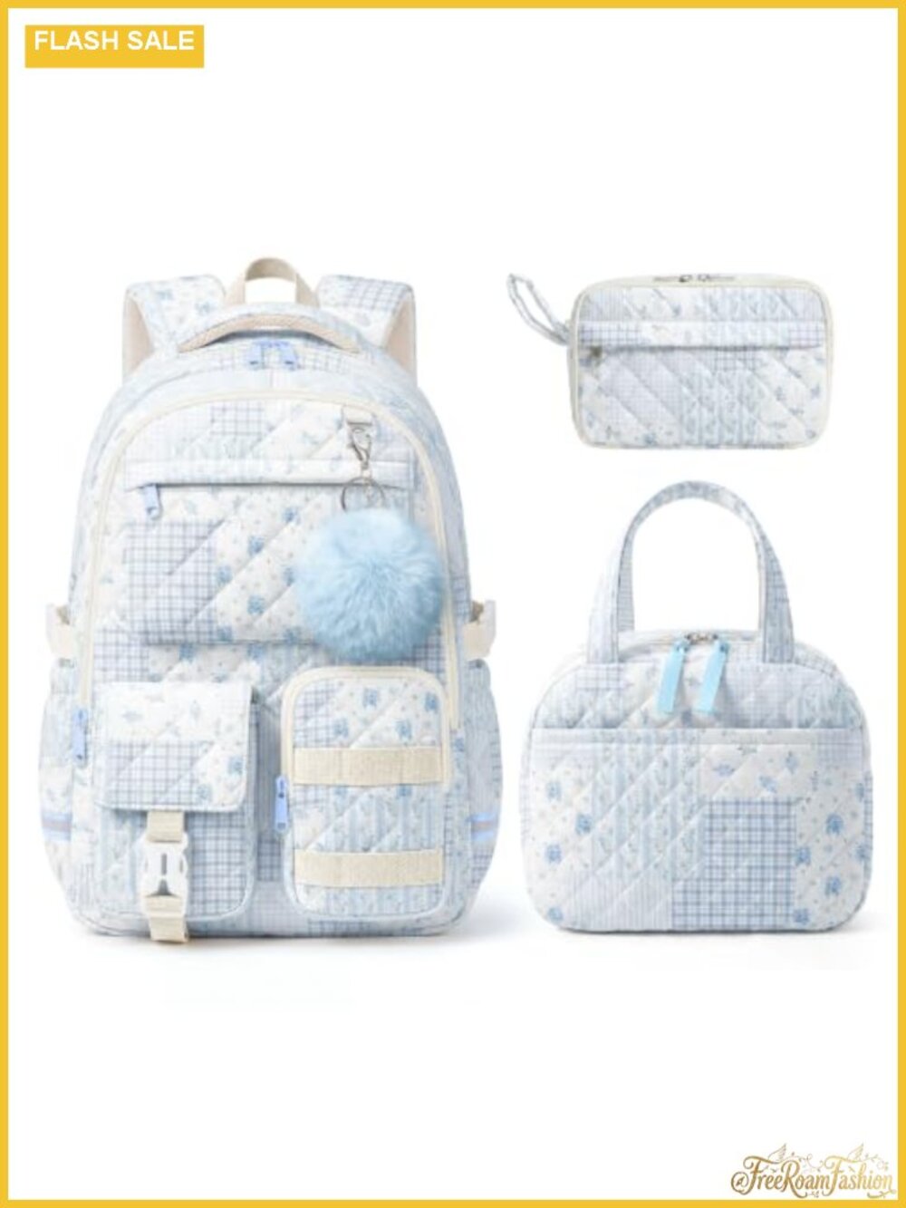 Quilted Backpack Set with Insulated Tote and Pouch, Floral Aesthetic Daily Carry
